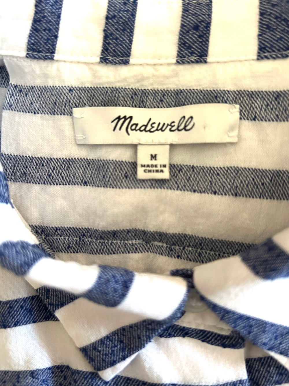 💐Madewell  Moment Denim Blue and White Striped Button-Down Top with Fringe M - Picture 3 of 5